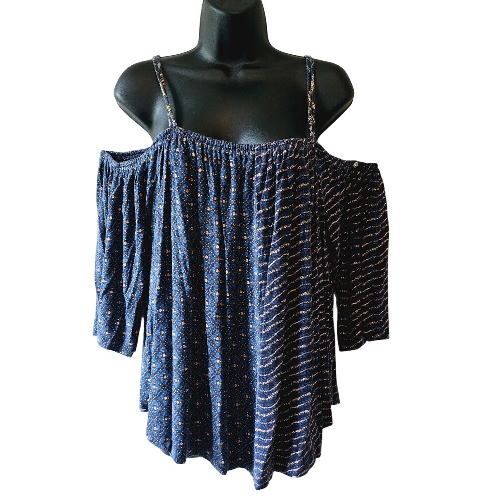 Deletta Anthropologie Blue Mixed Print Cold Shoulder‎ Strappy Top Medium